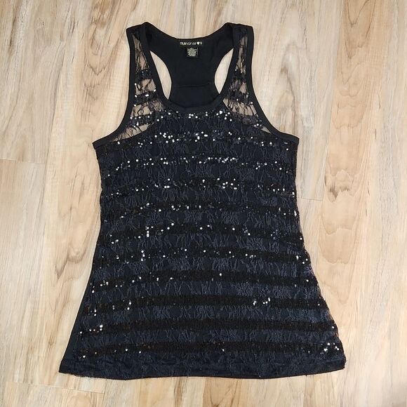 🔺️Crown of ❤'s Black Sheer Lace & Sequined Flowy Sleeveless Racerback Top Large - Picture 1 of 14